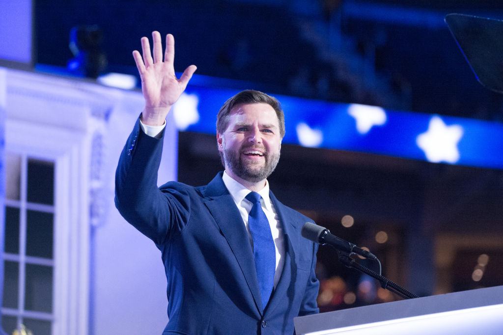 Sen. J.D. Vance speaks at the Fiserv Forum in Milwaukee, Wisconsin, on July 17, 2024, the third day of the Republican National Convention. (Photo by Jacek Boczarski/Anadolu via Getty Images)