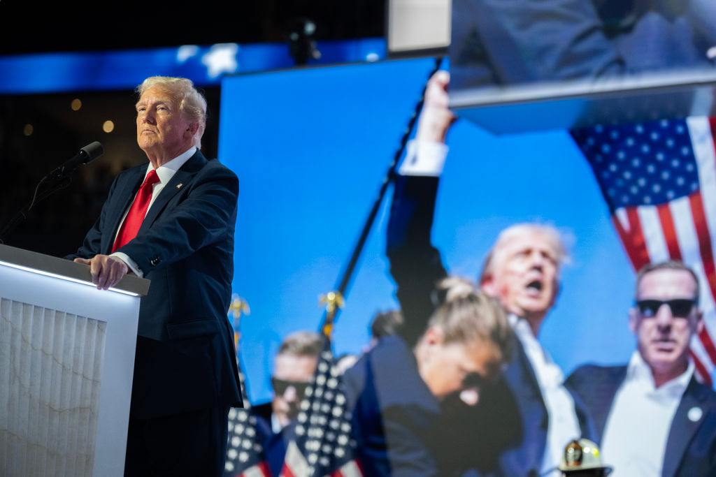 Donald Trump speaks at Fiserv Forum on the final night of the Republican National Convention in Milwaukee on Thursday July 18, 2024. (Tom Williams/CQ-Roll Call, Inc via Getty Images)