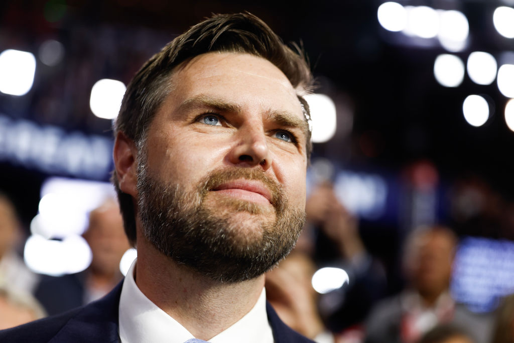 Sen. J.D. Vance, Donald Trump's vice presidential pick, arrives at the Fiserv Forum in Milwaukee, Wisconsin, on the first day of the Republican National Convention, July 15, 2024. (Photo by Anna Moneymaker/Getty Images)