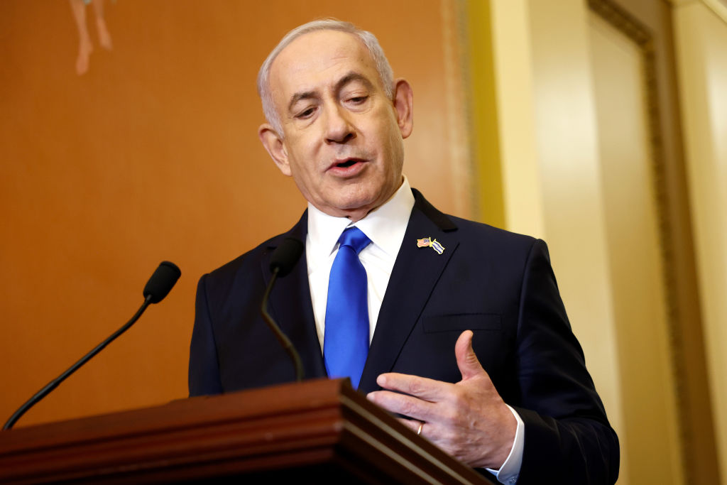 Israeli Prime Minister Benjamin Netanyahu speaks to reporters at the U.S. Capitol on July 24, 2024. (Photo by Anna Moneymaker/Getty Images)