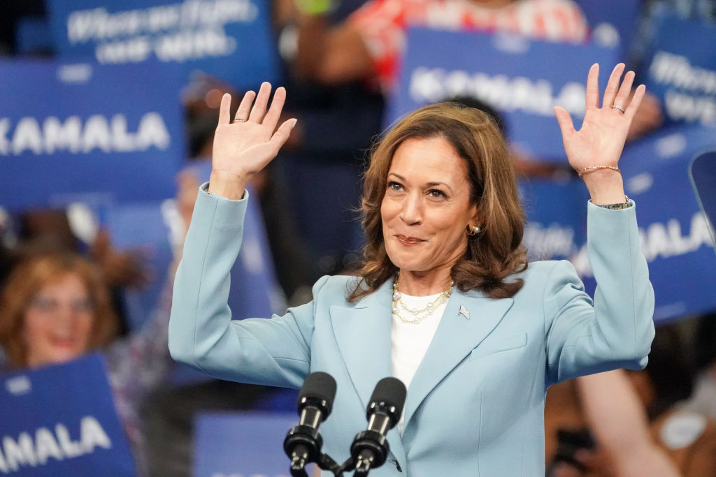 Democratic presidential candidate and Vice President Kamala Harris speaks onstage at her campaign rally at the Georgia State Convocation Center on July 30, 2024, in Atlanta. (Photo by Julia Beverly/Getty Images)