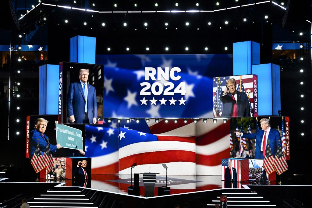 A view of the convention floor before the 2024 Republican National Convention at the Fiserv Forum on July 14, 2024, in Milwaukee. (Photo by ANDREW CABALLERO-REYNOLDS/AFP via Getty Images)