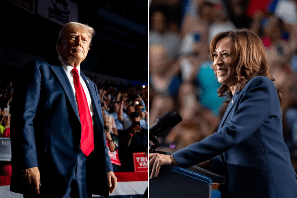 Former President Donald Trump arrives at his campaign rally at the Bojangles Coliseum on July 24, 2024, in Charlotte, North Carolina. (Photo by Brandon Bell/Getty Images). Vice President Kamala Harris speaks to supporters during a campaign rally at West Allis Central High School on July 23, 2024 in West Allis, Wisconsin. (Photo by Jim Vondruska/Getty Images).