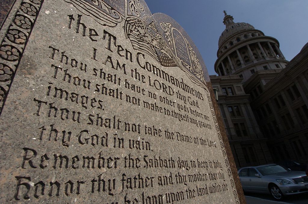 A tablet of the Ten Commandments, which is located on the grounds of the Texas Capitol in Austin, Texas, is seen on February 28, 2005. (Photo by Robert Daemmrich Photography Inc/Corbis via Getty Images)