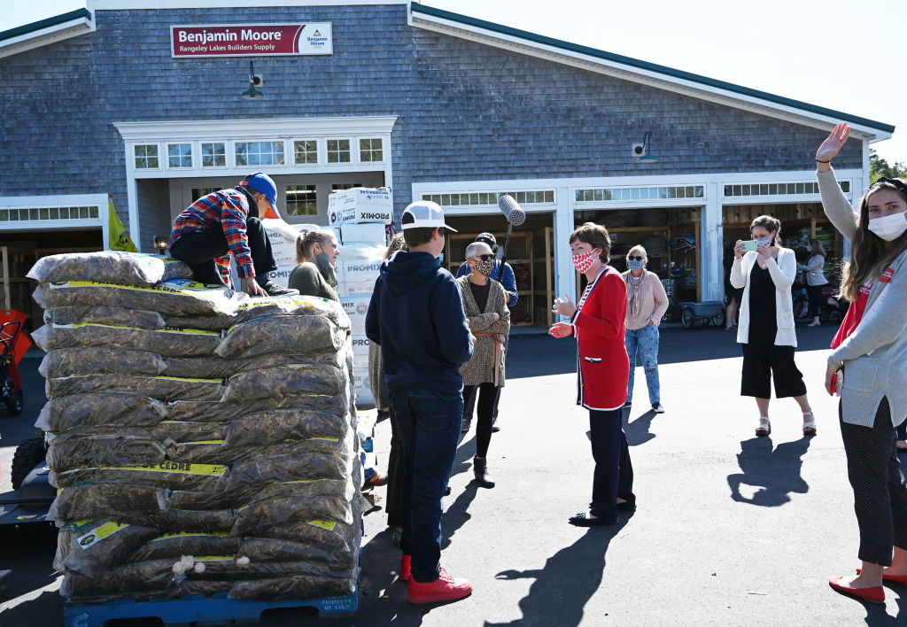 Sen. Susan Collins campaigns at Rangeley Lakes Builders Supply on September 18, 2020. (Staff Photo by Shawn Patrick Ouellette/Portland Press Herald via Getty Images)