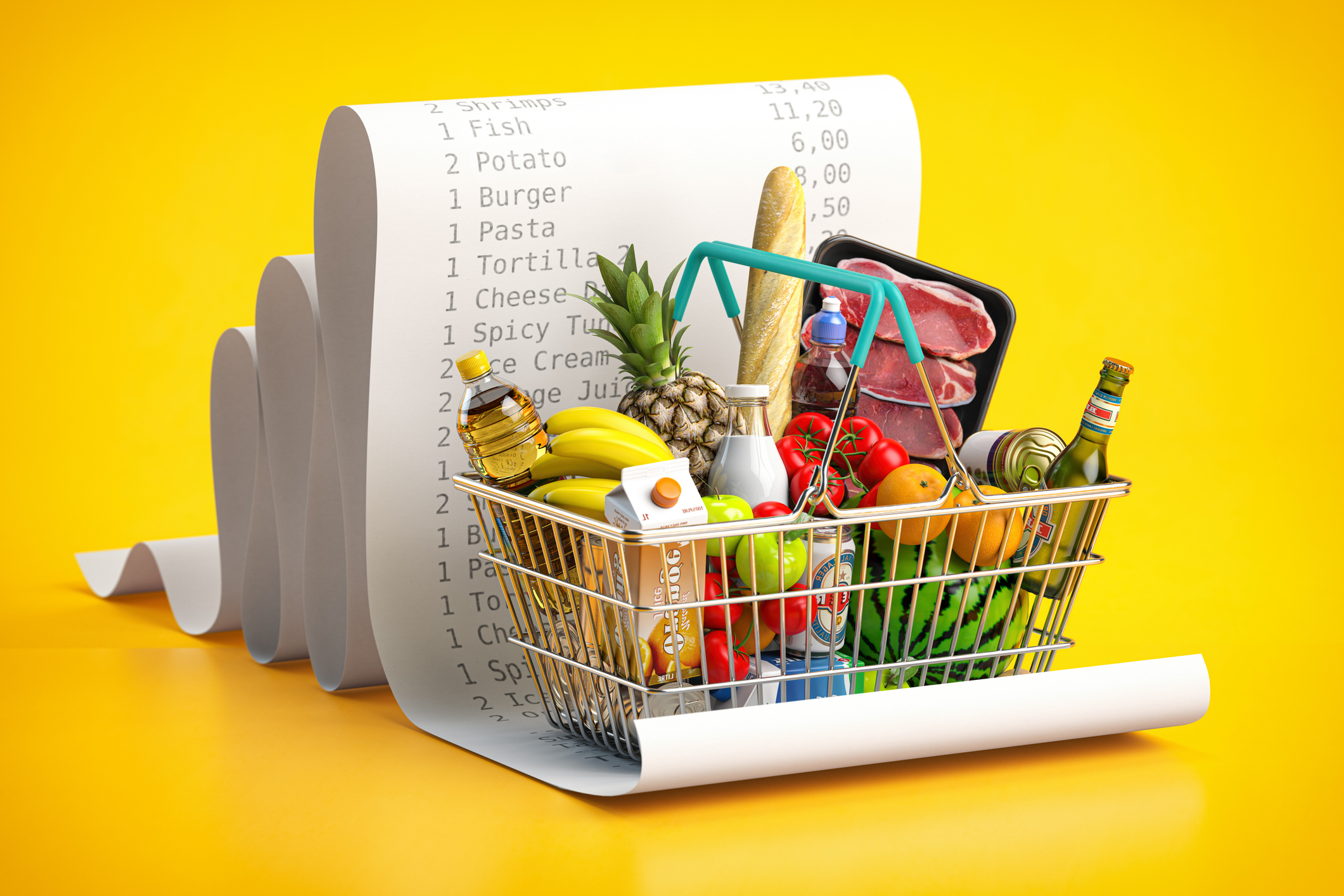 Shopping basket with foods on receipt. Grocery  expenses budget, inflation and consumerism concept.