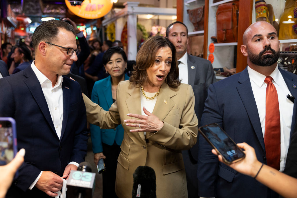 Vice President Kamala Harris and Pennsylvania Gov. Josh Shapiro speak to the press while making a stop at the Reading Terminal Market in Philadelphia, Pennsylvania, July 13, 2024. (Photo by Ryan Collerd/AFP/Getty Images)