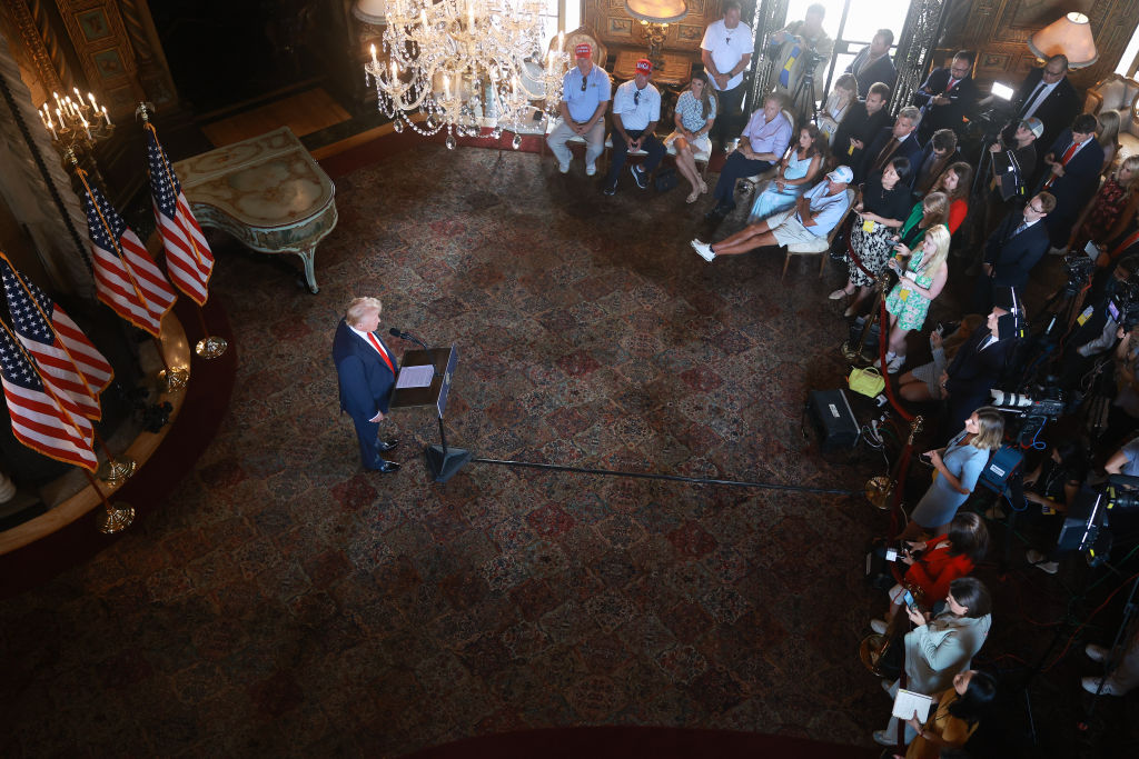 Donald Trump speaks during a press conference at his Mar-a-Lago estate on August 8, 2024, in Palm Beach, Florida. (Photo by Joe Raedle/Getty Images)