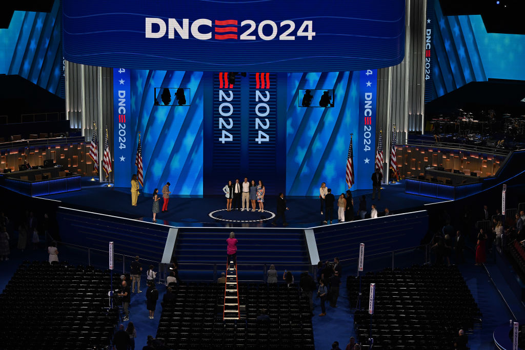 Preparations for the Democratic National Convention take place at the United Center on August 18, 2024, in Chicago. (Photo by Joshua Lott/The Washington Post via Getty Images)