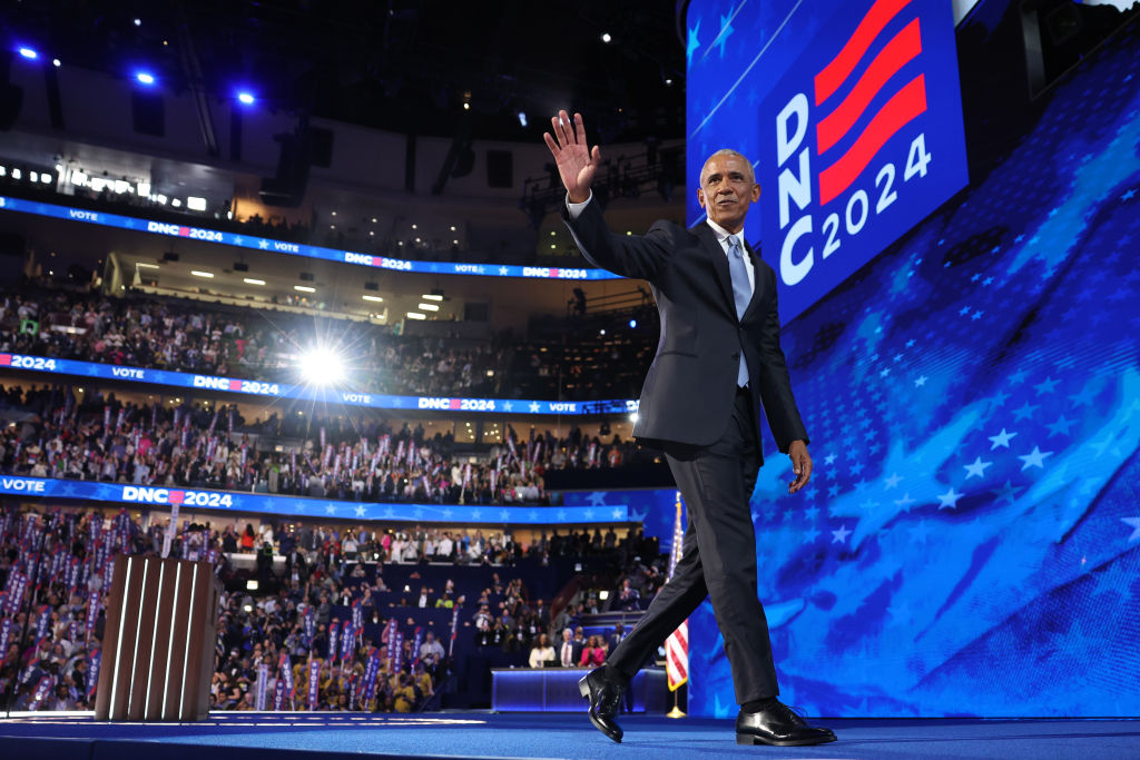 Former President Barack Obama leaves the stage after speaking in support of Vice President Kamala Harris at the Democratic National Convention at the United Center on August 20, 2024. (Robert Gauthier/Los Angeles Times via Getty Images)