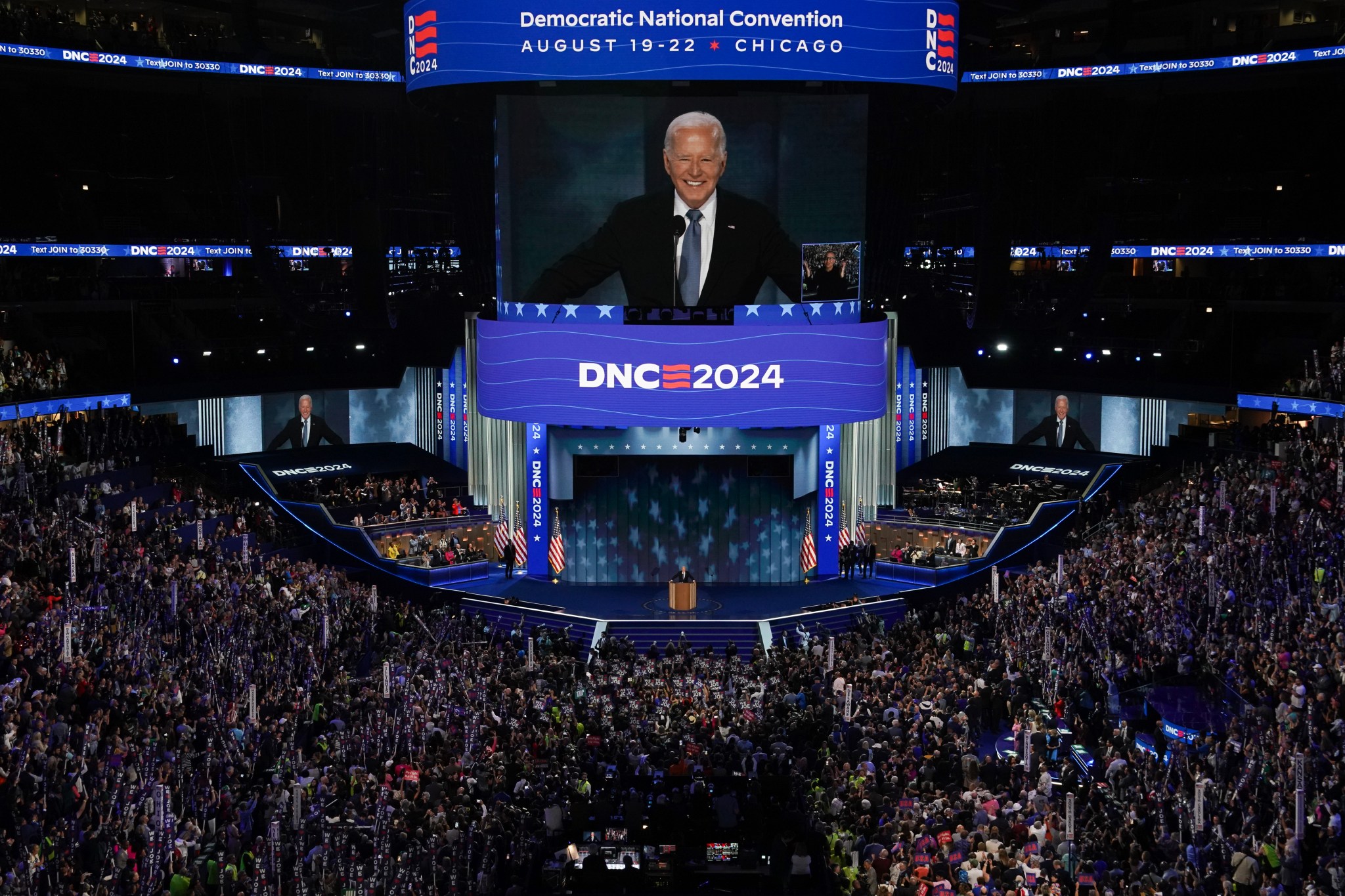 President Joe Biden speaks onstage during the first day of the Democratic National Convention at the United Center in Chicago, Illinois, on August 19, 2024. (Photo by Andrew Harnik/Getty Images)