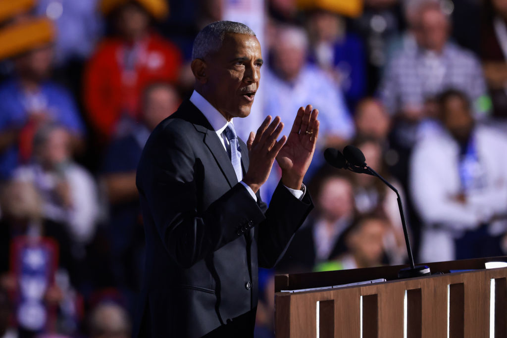 Former President Barack Obama speaks on stage during the second day of the Democratic National Convention at the United Center in Chicago on August 20, 2024. (Photo by Joe Raedle/Getty Images)