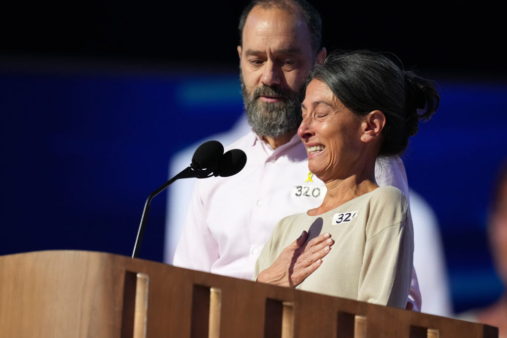 Jon Polin and Rachel Goldberg, parents of Hamas hostage Hersh Goldberg-Polin, become emotional as they address the Democratic National Convention at the United Center on August 21, 2024 in Chicago. (Photo by Andrew Harnik/Getty Images)