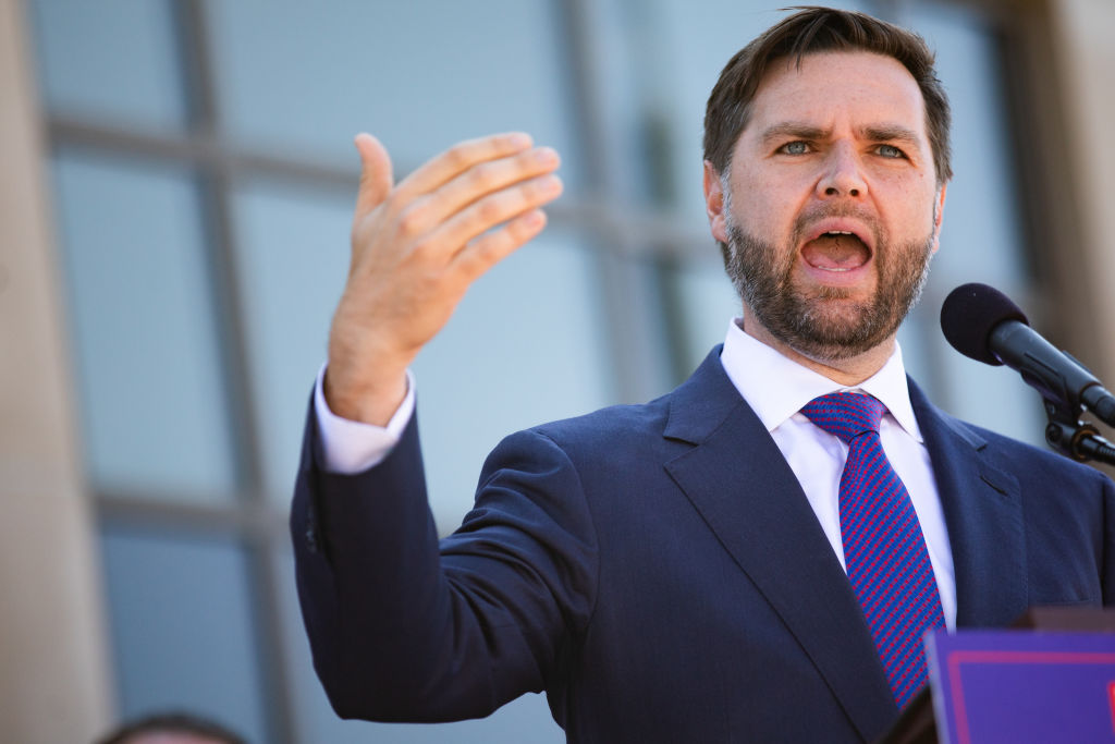 Republican vice presidential candidate U.S. Sen J.D. Vance speaks during a press conference on August 7, 2024, in Shelby Township, Michigan. (Photo by Emily Elconin/Getty Images)