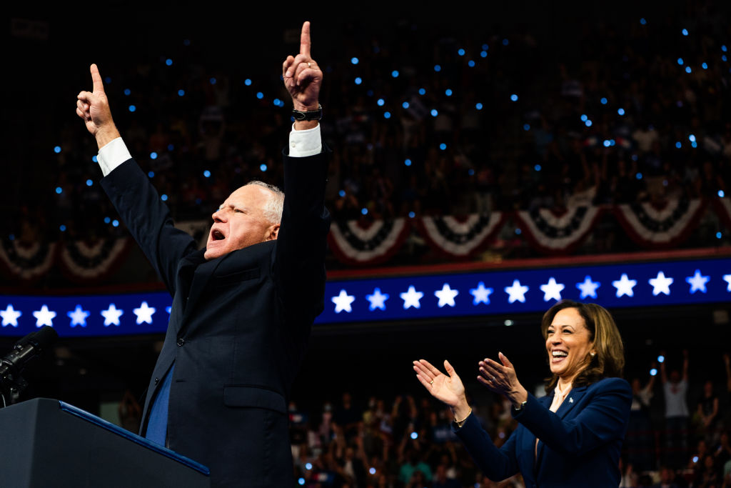 Minnesota Gov. Tim Walz and Vice President Kamala Harris during a campaign event at the Liacouras Center at Temple University  in Philadelphia on Tuesday, August 6, 2024. (Photo by Demetrius Freeman/The Washington Post via Getty Images)