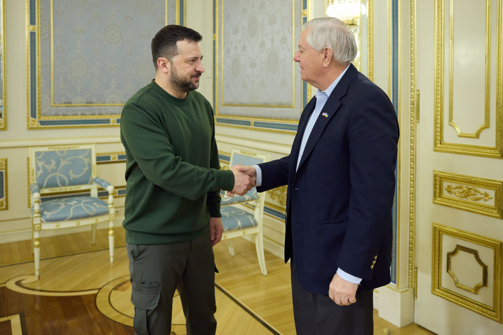 Ukrainian President Volodymyr Zelensky meets with Sen. Lindsey Graham of South Carolina in Kyiv, Ukraine, on March 18, 2024. (Photo by Ukrainian Presidency/Anadolu via Getty Images)