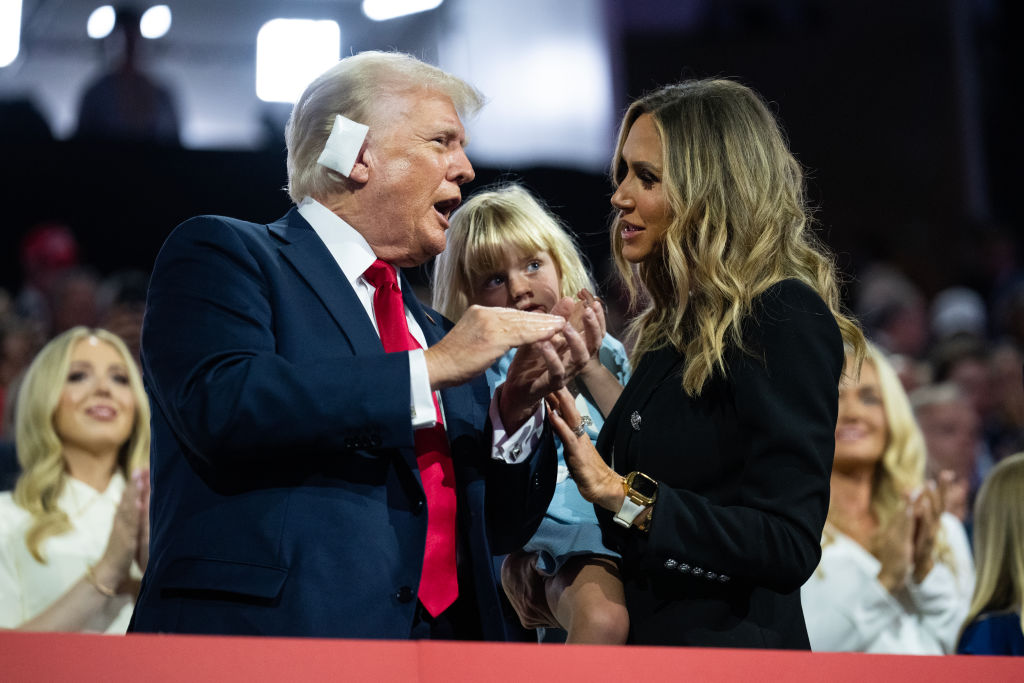 Former President Donald Trump is seen with his daughter-in-law Lara Trump on the last night of the Republican National Convention in Milwaukee on Thursday July 18, 2024. (Tom Williams/CQ-Roll Call/Getty Images)
