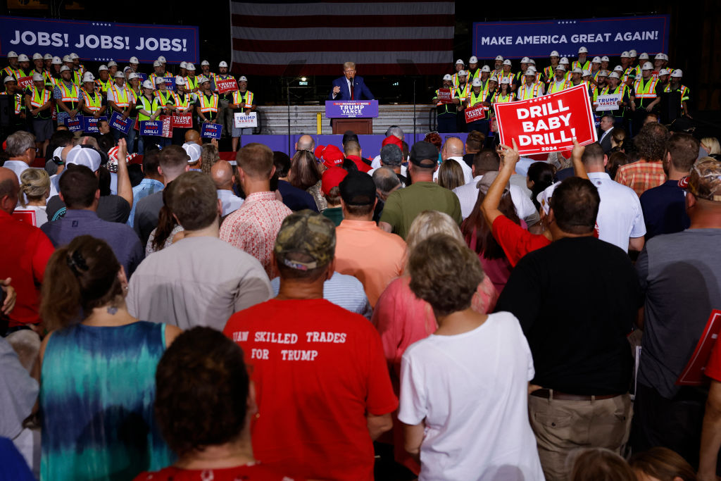 Former President Donald Trump speaks about the economy during a campaign event in Potterville, Michigan, on August 29, 2024. (Photo by JEFF KOWALSKY/AFP via Getty Images)