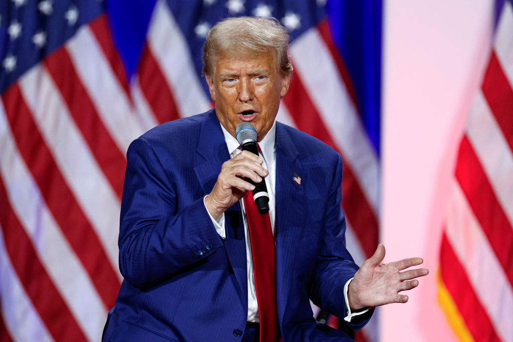 Former President Donald Trump speaks during a town hall meeting at La Crosse Center in La Crosse, Wisconsin, on August 29, 2024. (Photo by KAMIL KRZACZYNSKI/AFP via Getty Images)