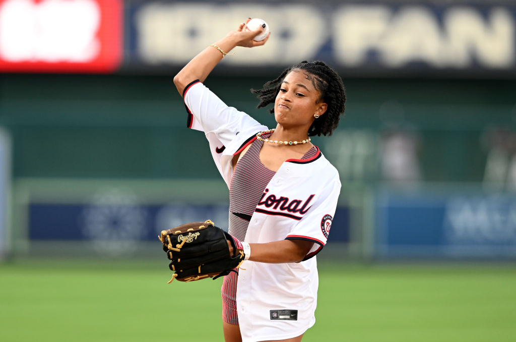 United States Olympian Croix Bethune throws out the first pitch before the game in Washington, D.C., between the Washington Nationals and the New York Yankees at Nationals Park on August 28, 2024. (Photo by Greg Fiume/Getty Images)