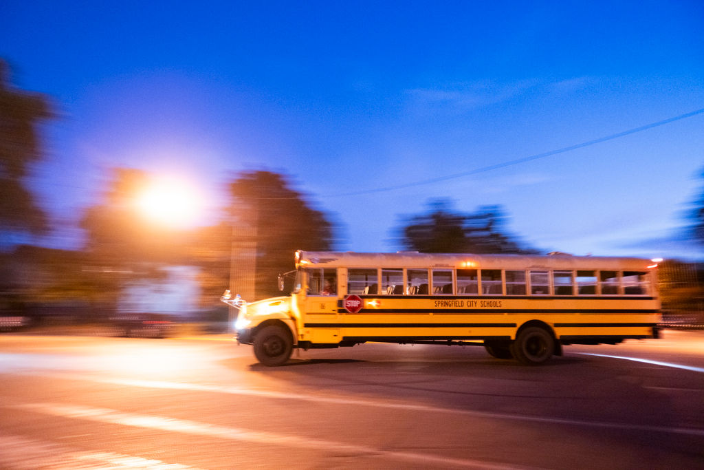 A school bus seen on its way to pick up students in Springfield, Ohio, on September 13, 2024. (Photo by ROBERTO SCHMIDT/AFP via Getty Images)