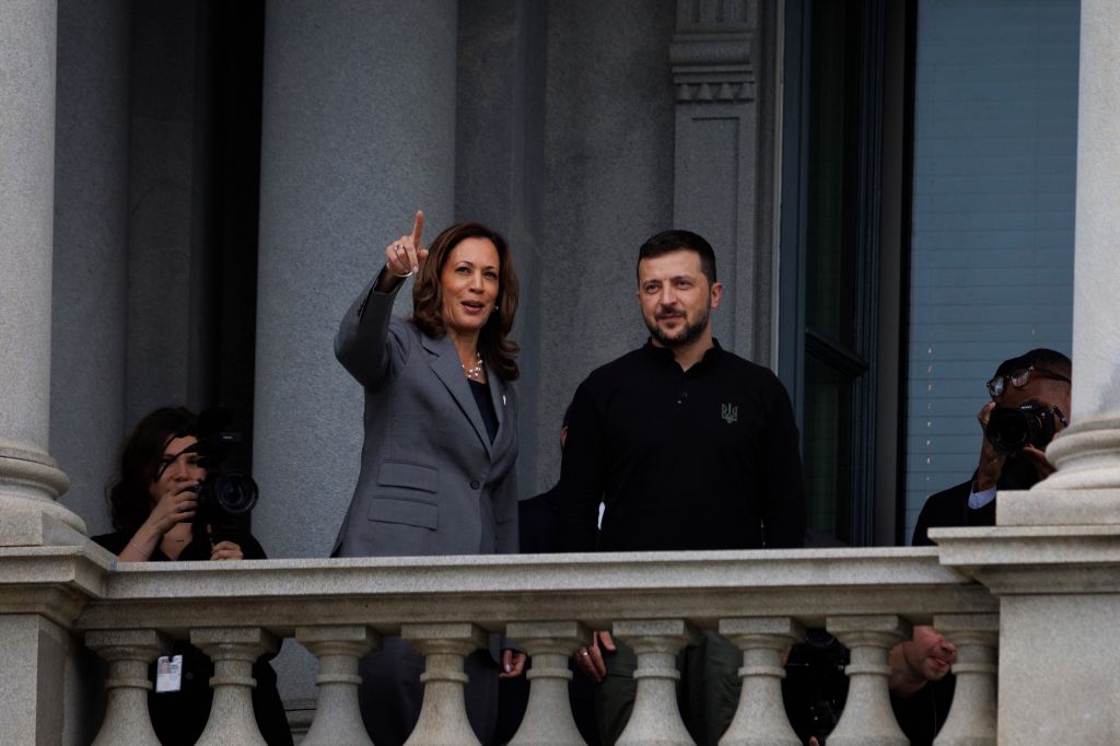 Ukraine President Volodymyr Zelensky stands alongside Vice President Kamala Harris in the White House compound, on September 26, 2024. (Photo by Tom Brenner/Getty Images)