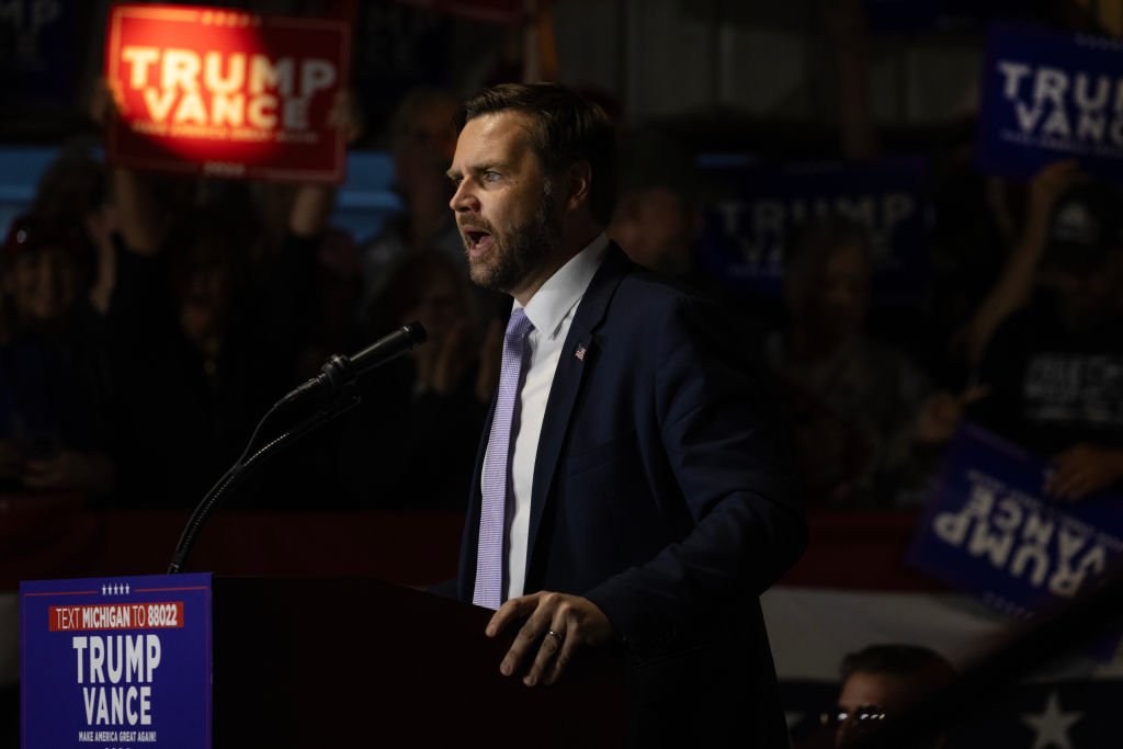 Sen. J.D. Vance speaks to supporters during a campaign event on September 25, 2024, in Traverse City, Michigan. (Photo by Scott Olson/Getty Images)