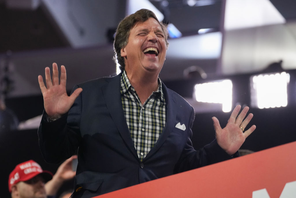 Tucker Carlson attends the first day of the Republican National Convention on July 15, 2024, in Milwaukee, Wisconsin. (Photo by Andrew Harnik/Getty Images)