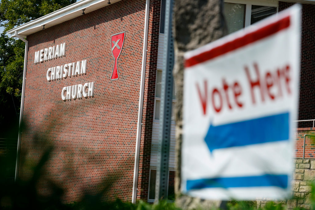 Voting signage is seen posted outside at Merriam Christian Church on August 2, 2022, in Merriam, Kansas. (Photo by Kyle Rivas/Getty Images)