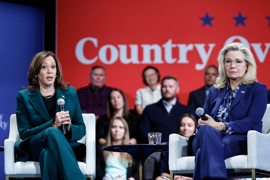 Vice President Kamala Harris speaks during a moderated conversation with former Rep. Liz Cheney in Brookfield, Wisconsin, on October 21, 2024. (Photo by KAMIL KRZACZYNSKI/AFP via Getty Images)