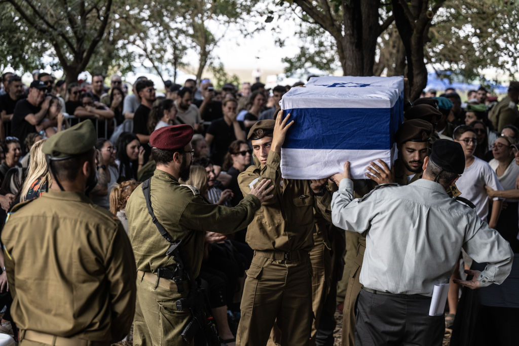 A funeral ceremony is held for Alon Amitay , an Israeli soldier killed by a Hezbollah drone sent from Lebanon targeting a Golani Union camp, in Israel on October 14, 2024. (Photo by Mostafa Alkharouf/Anadolu via Getty Images)