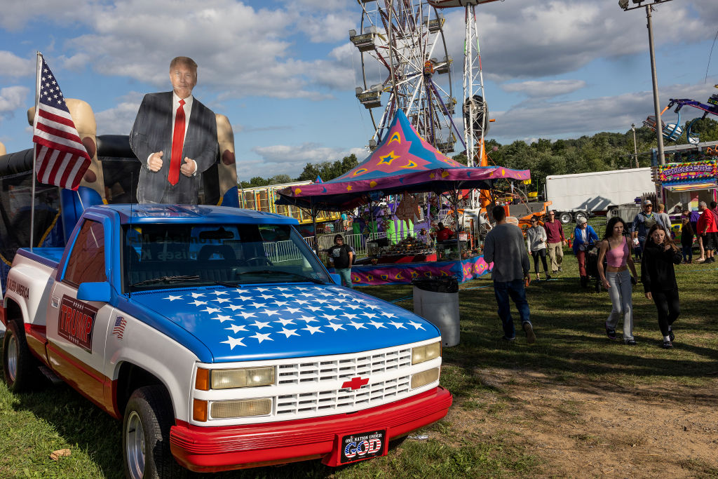 A truck in support of Donald Trump sits at the Elizabethtown Fair, August 20, 2024, in southern Pennsylvania. (Photo by Andrew Lichtenstein/Corbis via Getty Images)