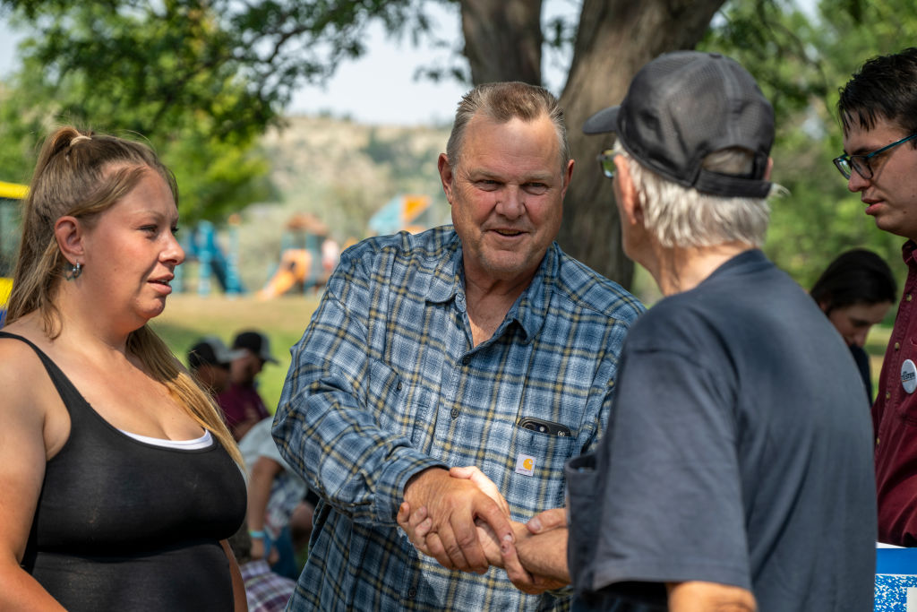 Democratic Sen. Jon Tester of Montana speaks to with union members at a campaign stop on September 2, 2024 in Billings, Montana. (Photo by William Campbell/Getty Images)