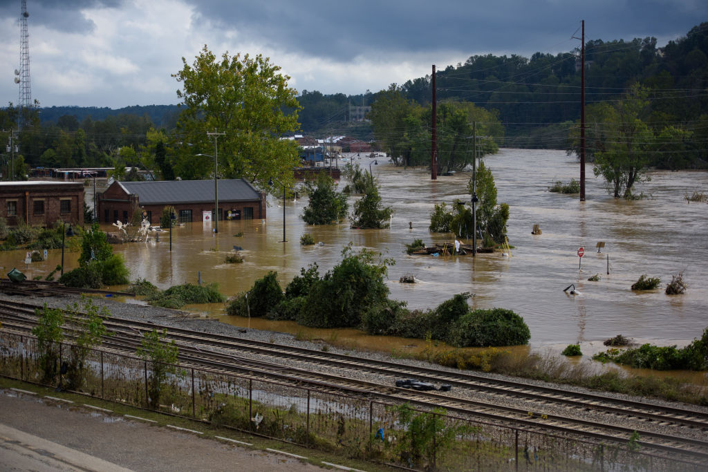 Heavy rains from Hurricane Helene caused record flooding and damage on September 28, 2024 in Asheville, North Carolina. (Photo by Melissa Sue Gerrits/Getty Images)