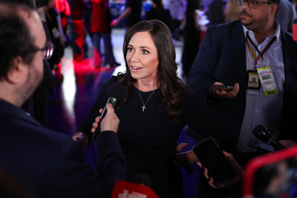 Republican Sen. Katie Britt of Alabama speaks to reporters in the spin room ahead of the vice presidential debate between Sen. J.D. Vance of Ohio and Minnesota Gov. Tim Walz at the CBS Broadcast Center in New York on October 1, 2024. (Photo by CHARLY TRIBALLEAU/AFP via Getty Images)