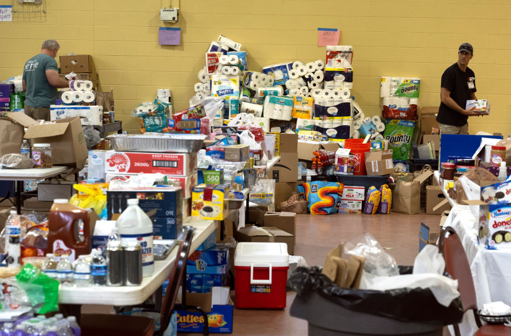 The Swannanoa First Baptist Church has set up multiple stations with the help of hundreds of volunteers to  receive and distribute food, water, clothing, and any other necessities in the aftermath of Hurricane Helene, on  October 4, 2024. (Photo by Marvin Joseph/The Washington Post via Getty Images)