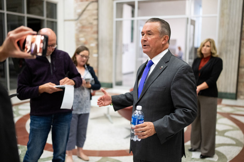 Rep. Don Bacon speaks with reporters after debating his Democratic challenger Tony Vargas at the KETV studios in Omaha, Nebraska, October 13, 2024. (Bill Clark/CQ-Roll Call, Inc via Getty Images)