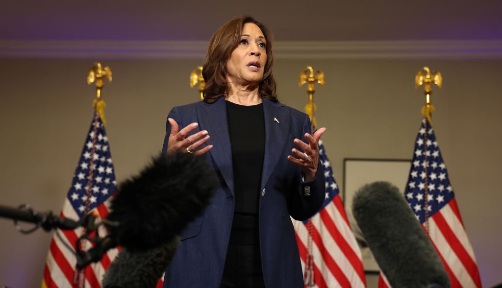 Vice President Kamala Harris speaks to reporters at the Four Seasons Hotel Houston on October 25, 2024, in Houston. (Photo by Justin Sullivan/Getty Images)