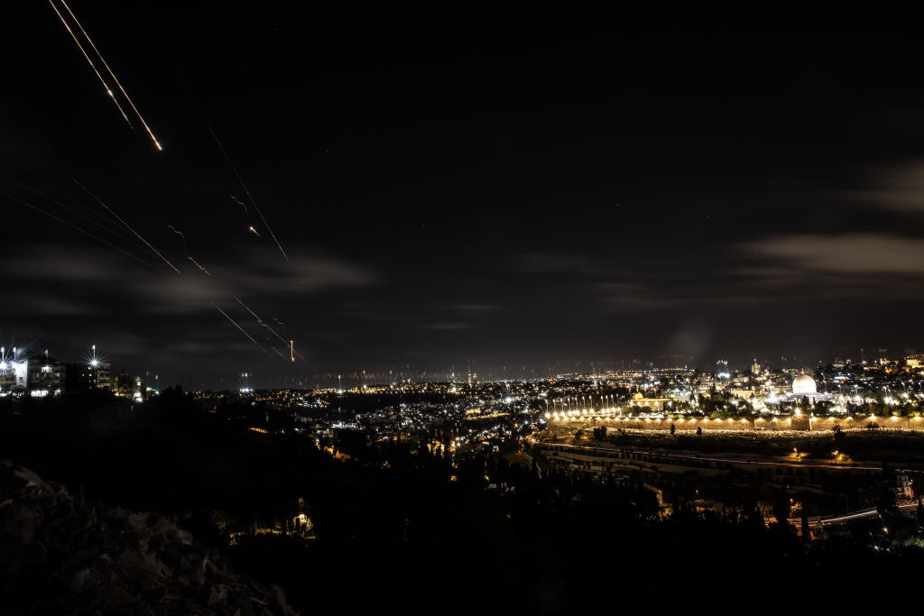 Rockets, fired from Iran, are seen over Jerusalem on October 1, 2024. (Photo by Mostafa Alkharouf/Anadolu via Getty Images)