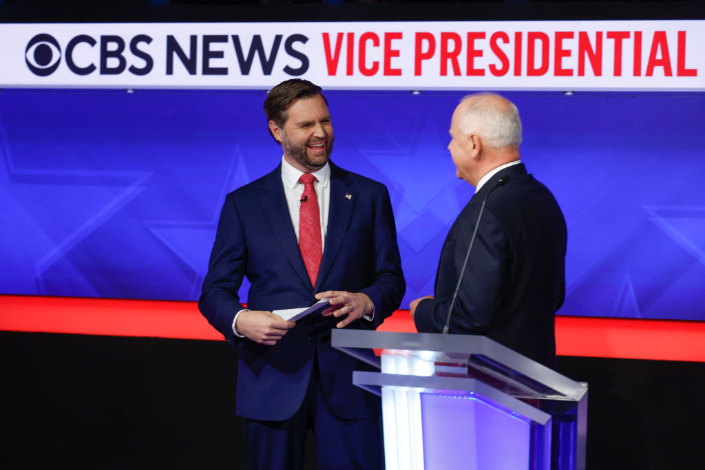 Vice presidential candidates Minnesota Gov. Tim Walz and Sen. JD Vance speak after a debate at the CBS Broadcast Center on October 1, 2024 in New York City. (Photo by Chip Somodevilla/Getty Images)