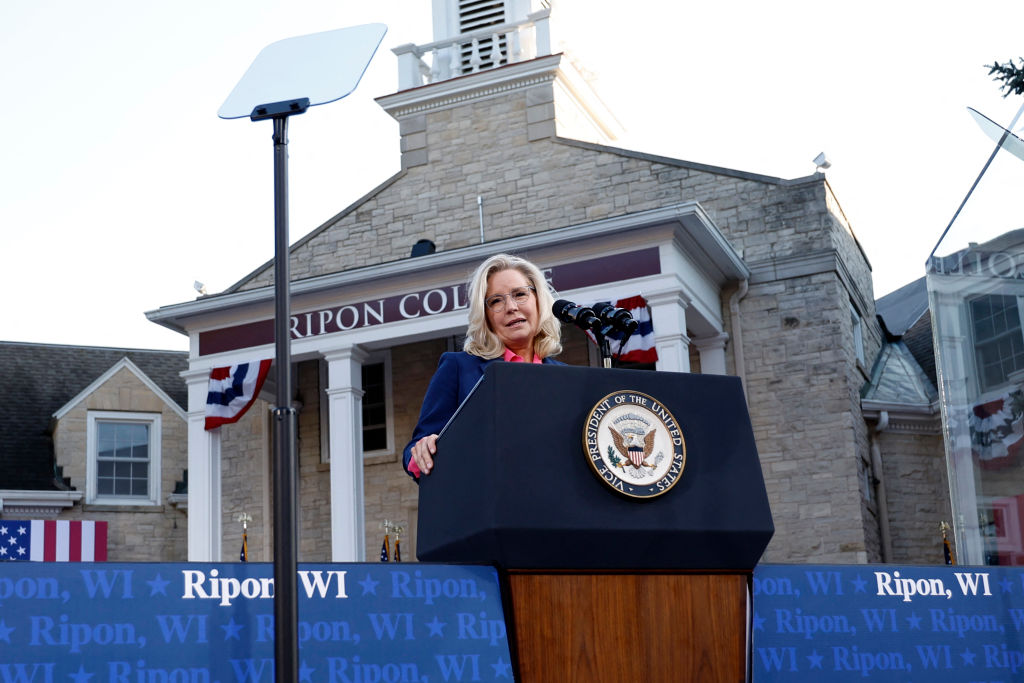 Former Rep. Liz Cheney speaks during a campaign event for Vice President Kamala Harris at Ripon College in Ripon, Wisconsin, on October 3, 2024. (Photo by KAMIL KRZACZYNSKI/AFP via Getty Images)