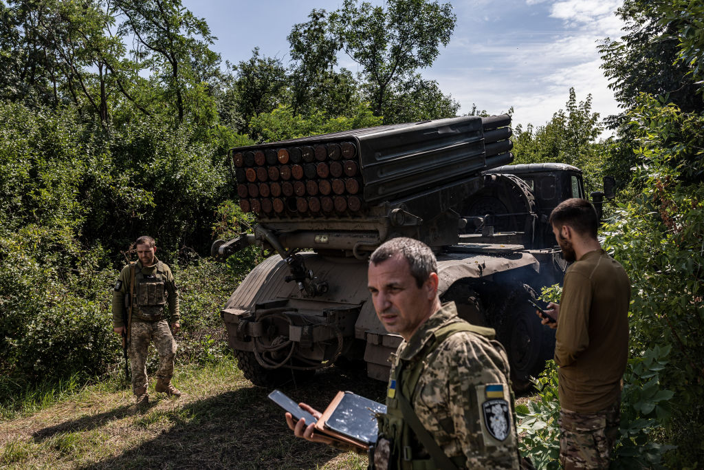 Ukrainian soldiers with a BM-21 rocket launch vehicle near Donetsk, Ukraine, on July 12, 2023. (Photo by Diego Herrera Carcedo/Anadolu Agency via Getty Images)