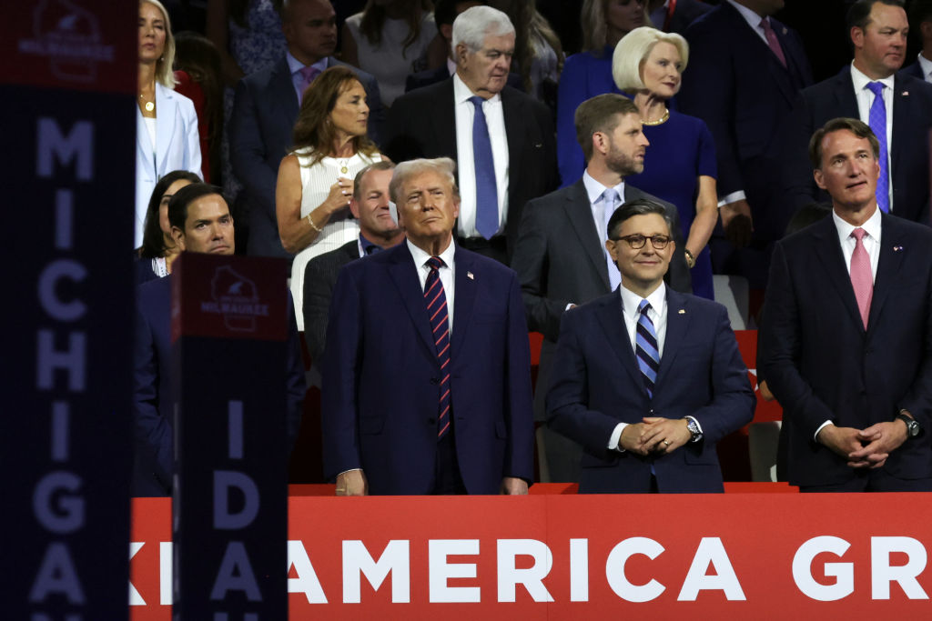 President-elect Donald Trump stands with Speaker of the House Mike Johnson at the Republican National Convention on July 17, 2024, in Milwaukee, Wisconsin. (Photo by Alex Wong/Getty Images)