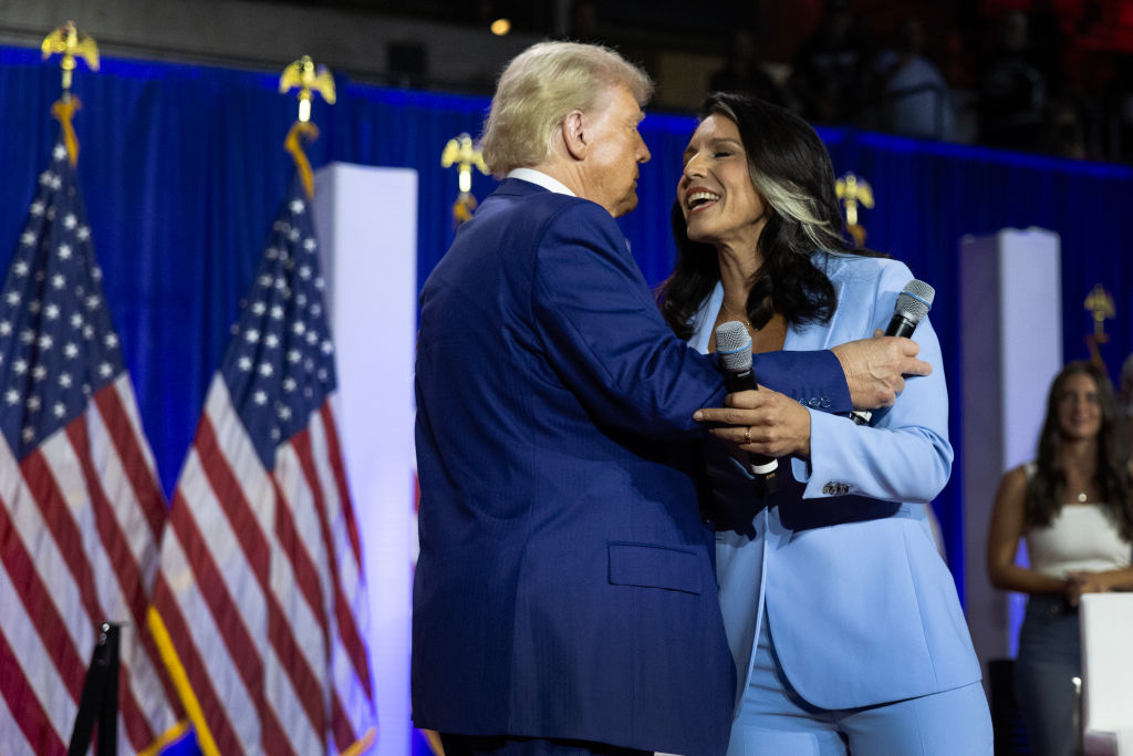 Donald Trump arrives for a town hall campaign event with former U.S. Rep. Tulsi Gabbard on August 29, 2024 in La Crosse, Wisconsin. (Photo by Scott Olson/Getty Images)