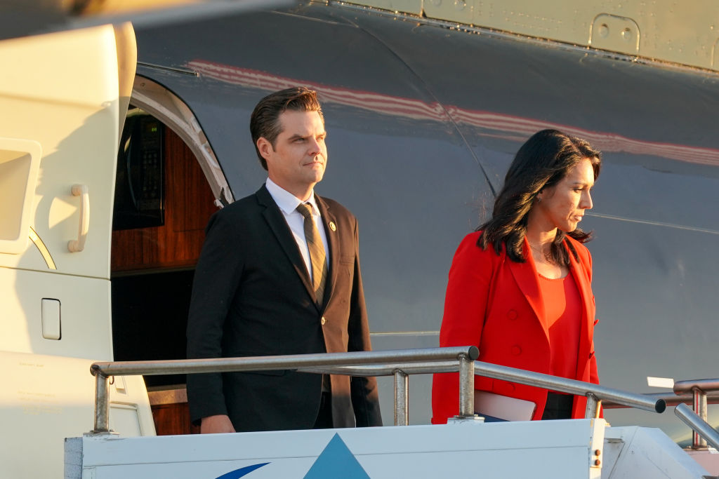 Rep. Matt Gaetz of Florida and former Rep. Tulsi Gabbard of Hawaii arrive at Philadelphia International Airport ahead of the presidential debate between former President Donald Trump and Vice President Kamala Harris on September 10, 2024, in Philadelphia. (Photo by Julia Beverly/Getty Images)