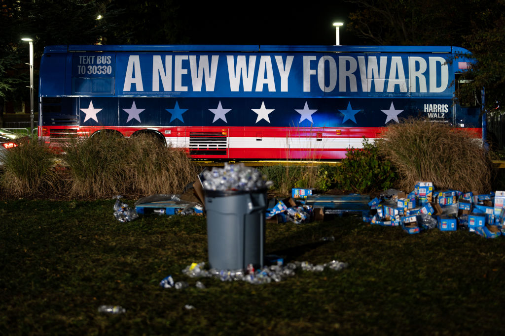 Chairs and trash sit in an empty field after the election night watch party for Democratic presidential nominee, Vice President Kamala Harris at Howard University on November 6, 2024, in Washington, D.C. (Kent Nishimura/Getty Images)