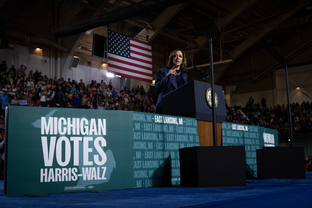 Vice President Kamala Harris speaks at a campaign rally at Jenison Field House on the Michigan State University campus on November 3, 2024, in East Lansing, Michigan. (Photo by Scott Olson/Getty Images)