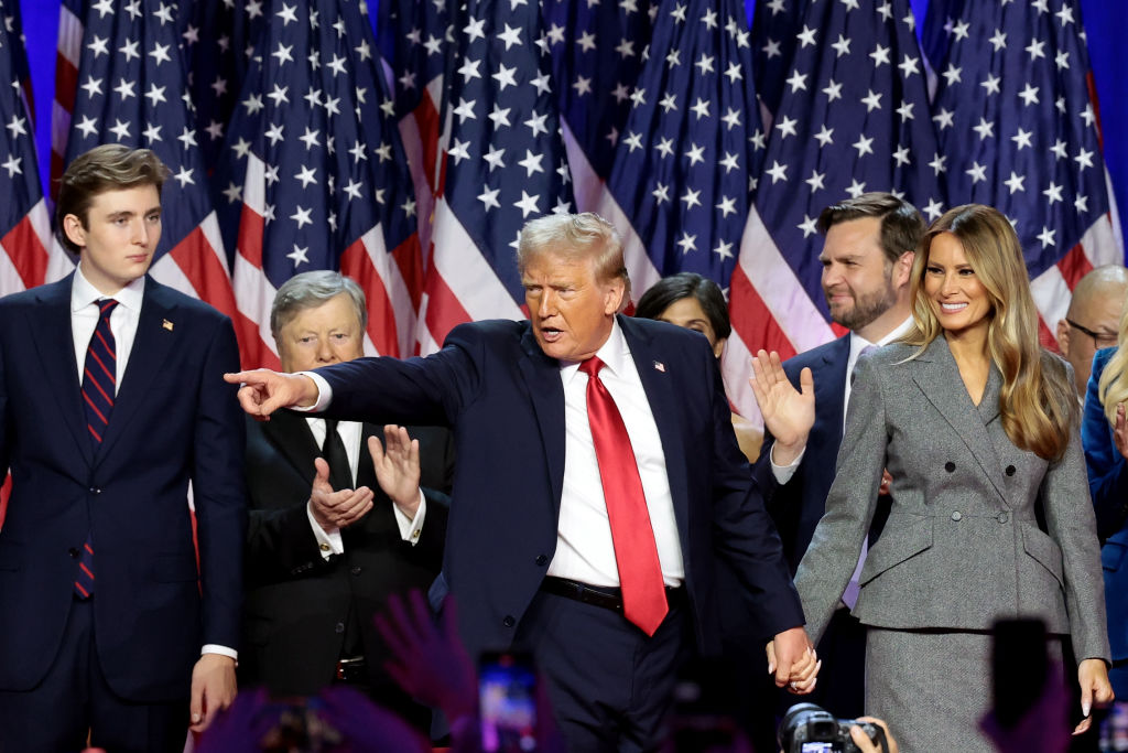 President-elect Donald Trump points to supporters during an election night event at the Palm Beach Convention Center on November 6, 2024, in West Palm Beach, Florida. (Photo by Win McNamee/Getty Images)