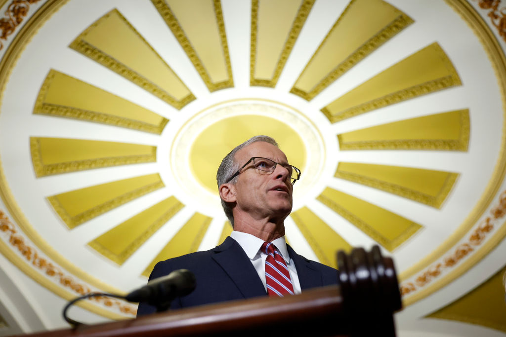 Sen. John Thune speaks after being elected Senate majority leader for the 119th Congress on November 13, 2024, in Washington, D.C.(Photo by Kevin Dietsch/Getty Images)