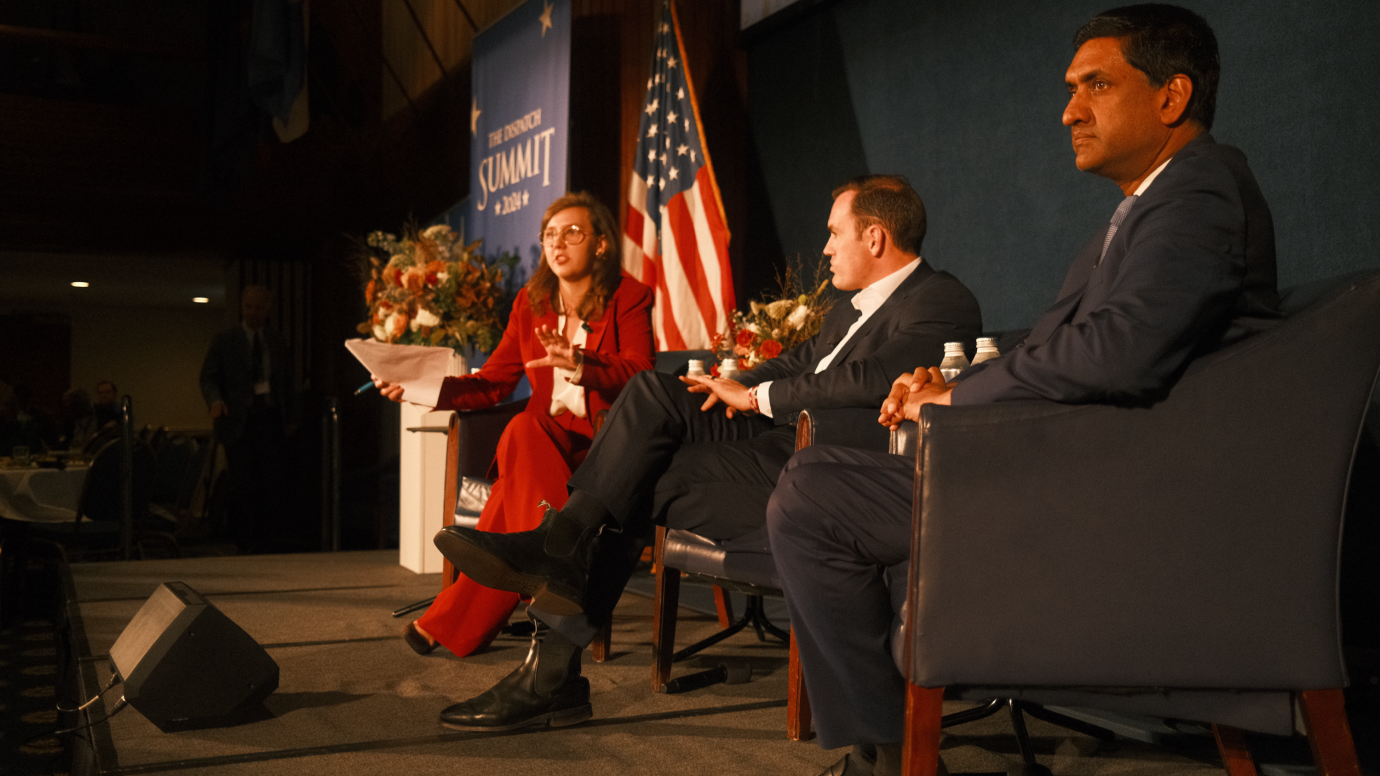 Mary Trimble interviews former Rep. Mike Gallagher and Rep. Ro Khanna at the Dispatch Summit. (Photo by Victoria Holmes.)